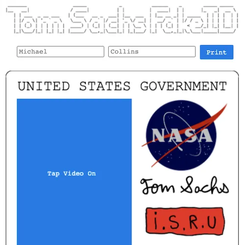 A screenshot of a web application that can be used to generate Fake Tom Sachs ID cards.