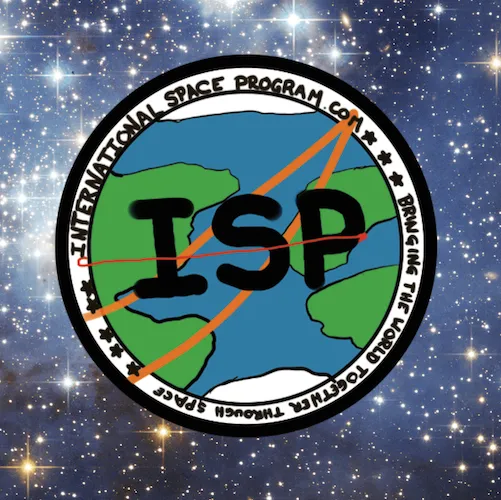 The international space program logo photoshoped onto a telescope image of stars.