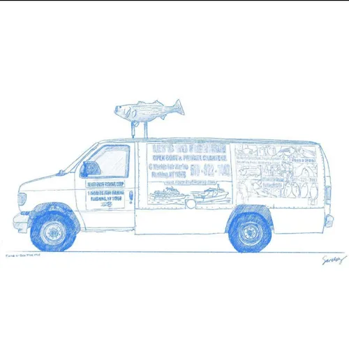 A blue and white line drawing of a Ford E-560 van with a model fish mounted on the roof
