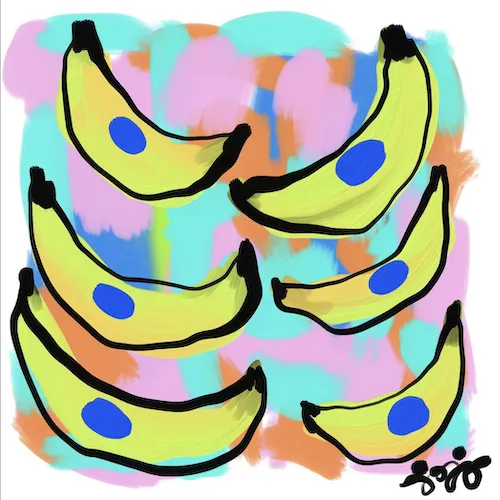 A digital painting created on Adobe Fresco of six bananas on pink, blue and orange background.