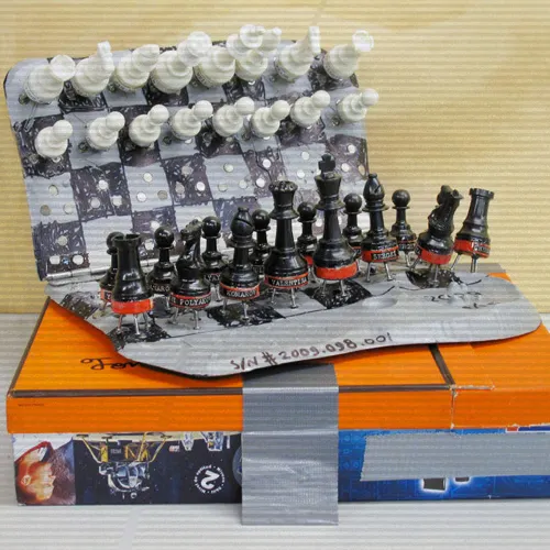 A photo of the Space Race themed Chess set by sculptor Tom Sachs.
