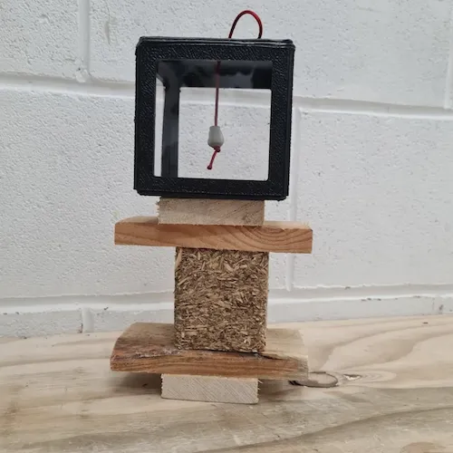 A photo of a plycoarbonate box holding a clay bead on red paracord. It sits on a small plinth constructed from pallet wood.