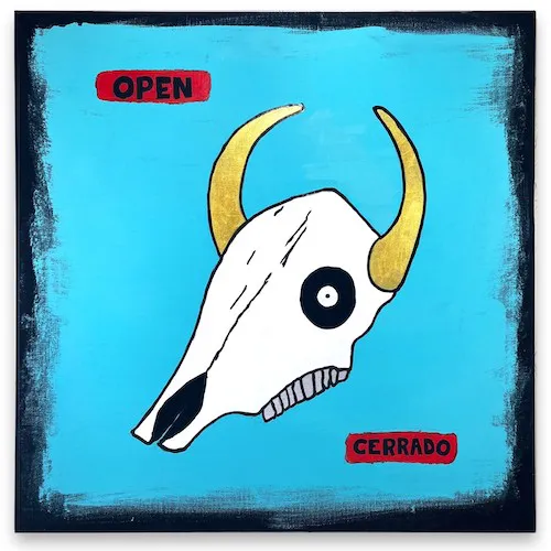 A photo of a 61x61 centimetre painting of a cattle skull on a light blue background.