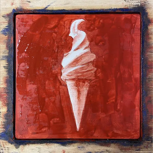 A photo of a 10 by 10 centimeter red oil painting of an ice cream in a skinny cone.